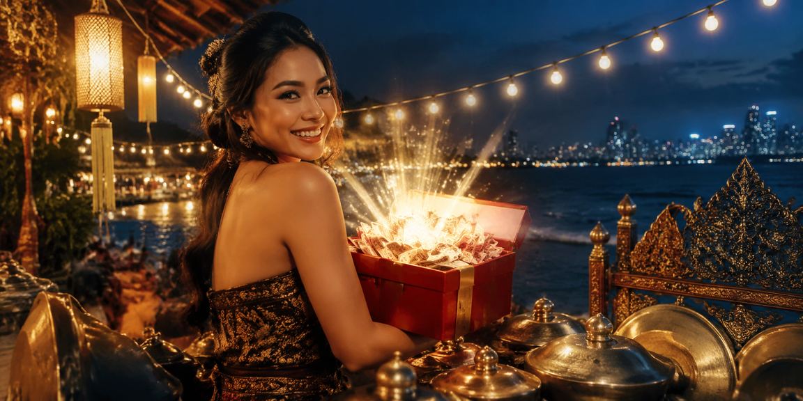 Pemain menikmati taruhan casino di tepi pantai menggunakan smartphone dengan santai