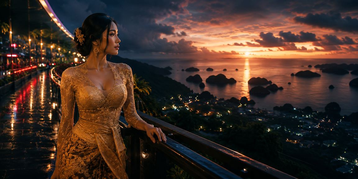 Model Vietnam berpose di depan layar casino online yang berwarna-warni