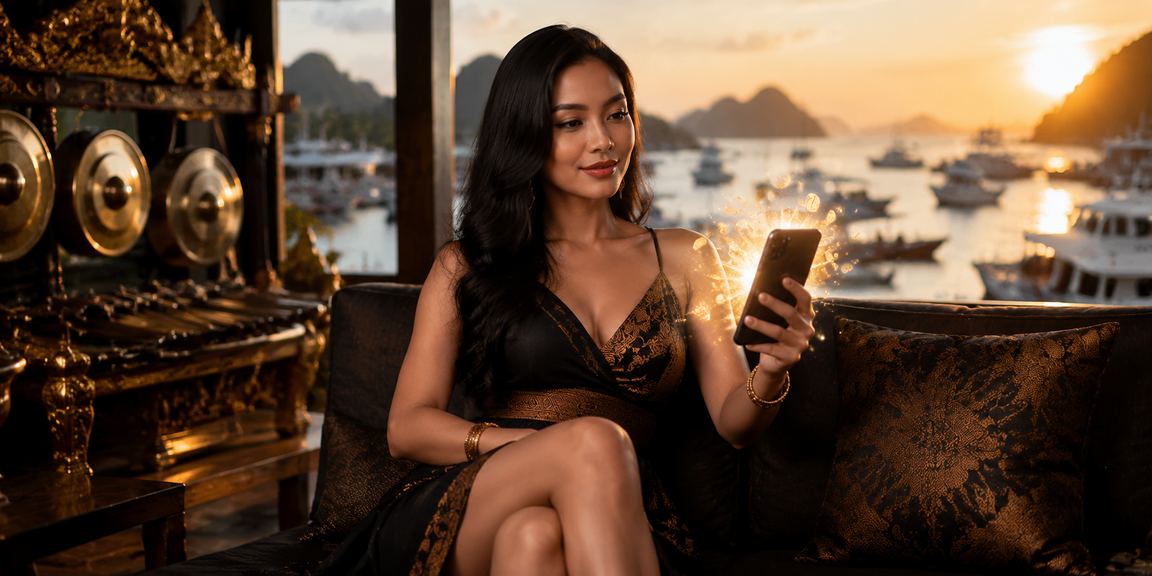 Model bermain casino mobile di depan pemandangan khas Vietnam yang elegan