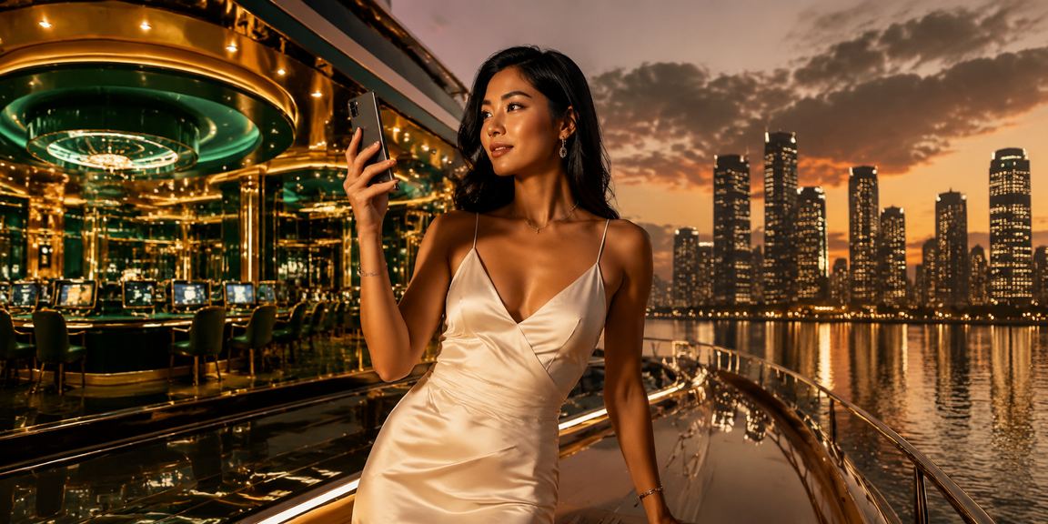 Pengguna mengakses casino mobile di tepi pantai dengan privasi yang terjaga